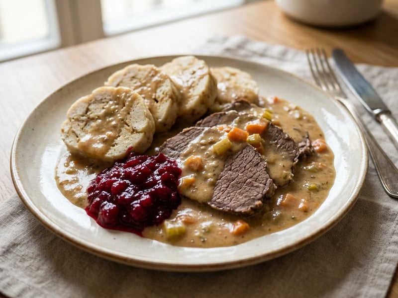Old Viennese Sauerbraten | Tenderly braised in root vegetable stock & cream sauce