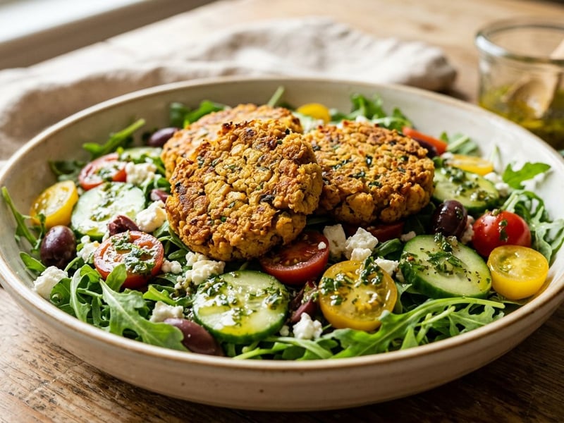 Mediterraner Salat mit knusprigen Kichererbsenlaibchen | Aus dem Backrohr