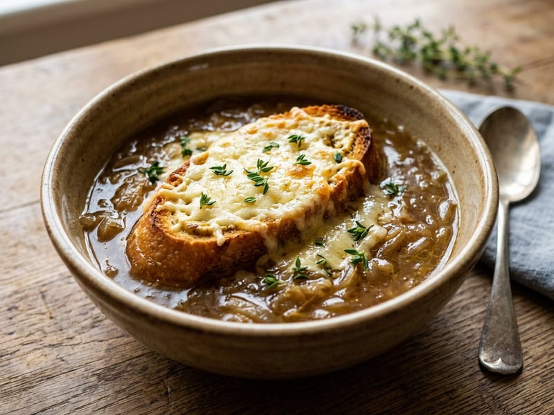 Französische Zwiebel-Biersuppe | Mit Senf-Croûtons