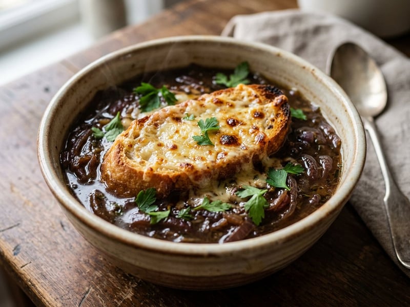 Französische Winzer-Zwiebelsuppe mit Rotwein