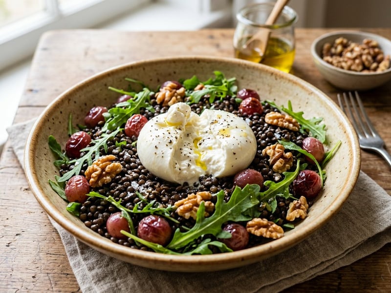 Beluga Lentil Salad with Burrata | With Oven-Roasted Grapes