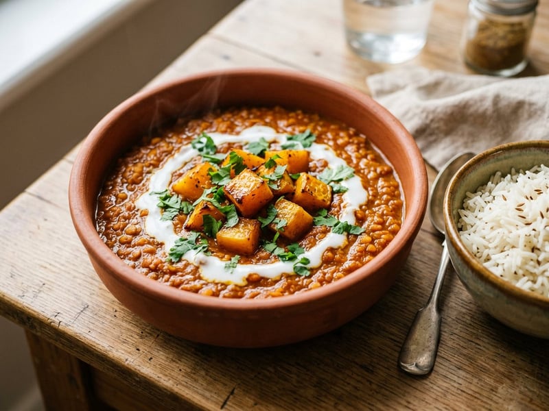 Indian Pumpkin and Lentil Curry with Oven-Roasted Hokkaido Pumpkin