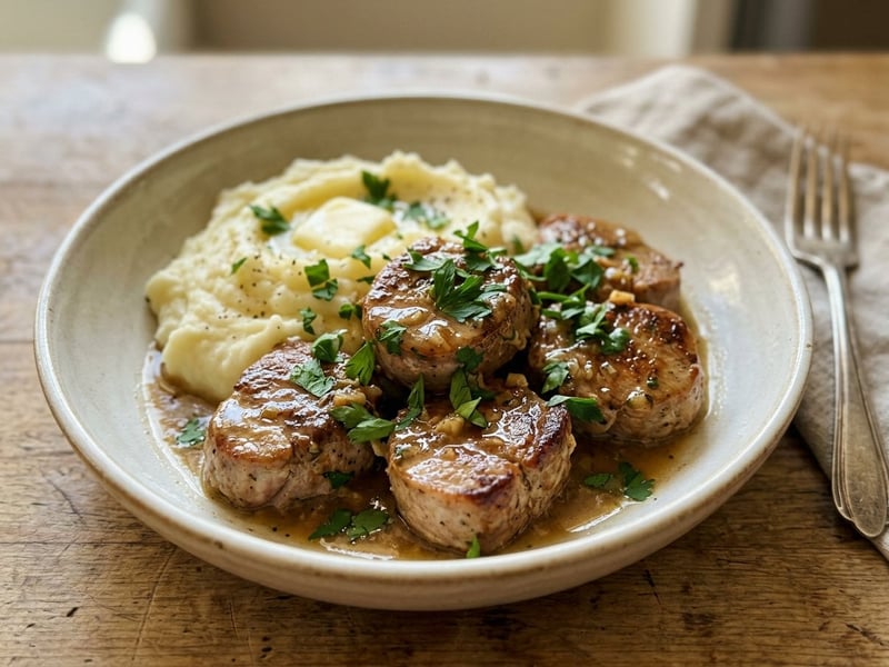Korfiatiko Sofrito | Griechisches Schweinefilet in Knoblauch-Weißweinsauce