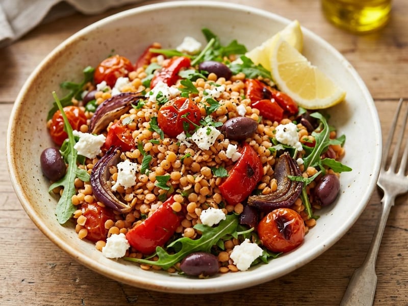 Mediterranean Red Lentil Salad | With Colorful Oven-Roasted Vegetables