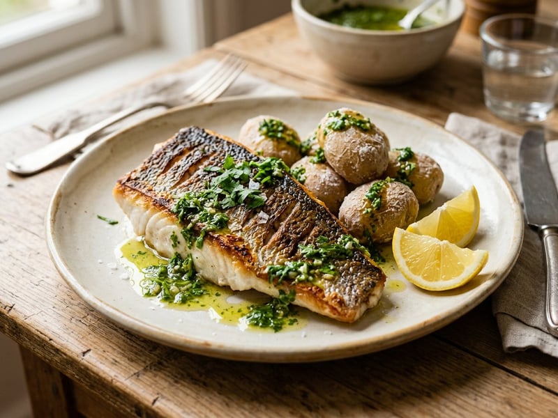 Pan-Fried Sea Bass with Canarian Mojo Verde | Papas Arrugadas