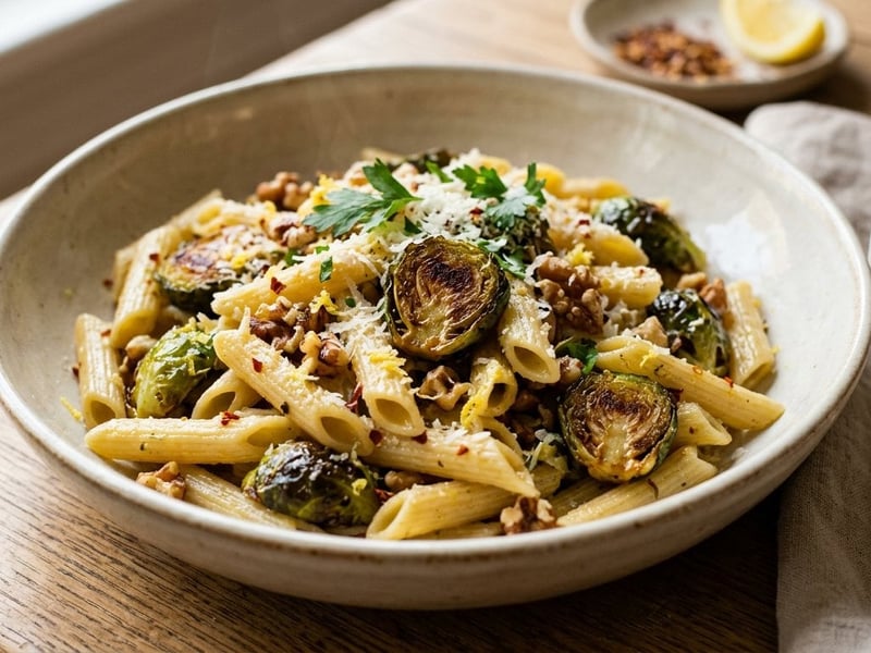 Pasta mit gerösteten Kohlsprossen | Fein & Nussig