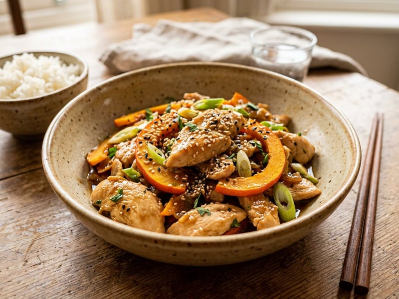 Herbstliches Kürbis-Wok-Hendl mit Sesam & Ingwer