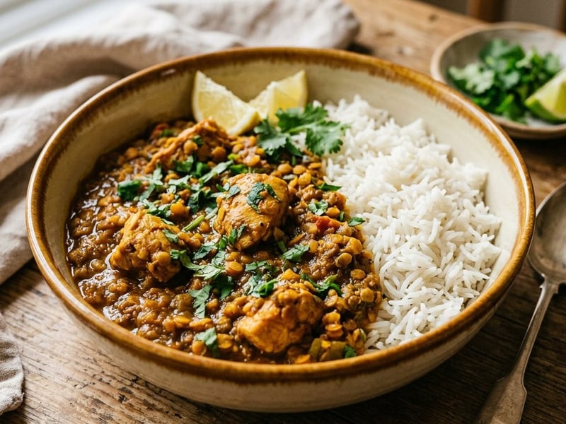 Indisches Chicken Dhansak | Würzige Geflügel-Linsen-Pfanne