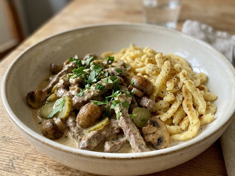 Alt-Wiener Rindsgeschnetzeltes mit Champignons & Gurkerln