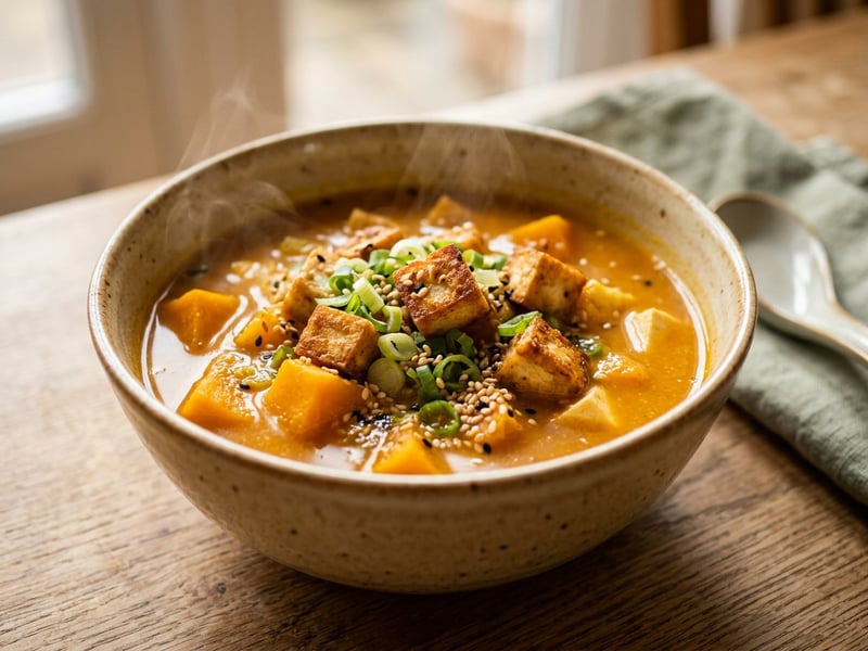 Pumpkin Miso Soup with Crispy Tofu | Autumnal & Warming