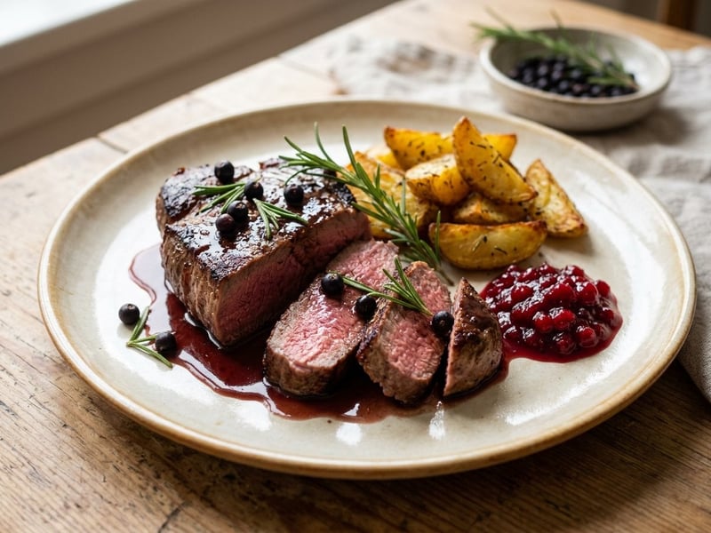 Zarte Wildschwein-Steaks mit Wacholderbutter & Preiselbeeren