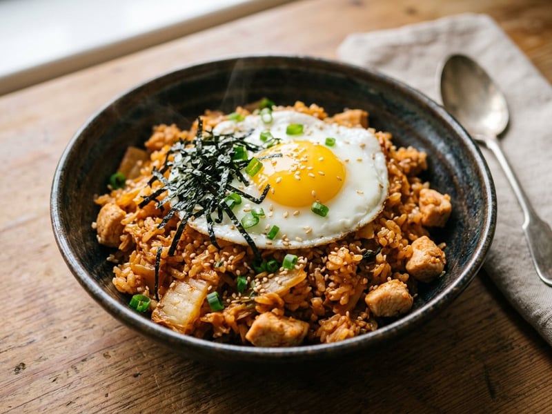 Koreanisches Kimchi Bokkeumbap mit Hendl | Würziger Streetfood-Bratreis