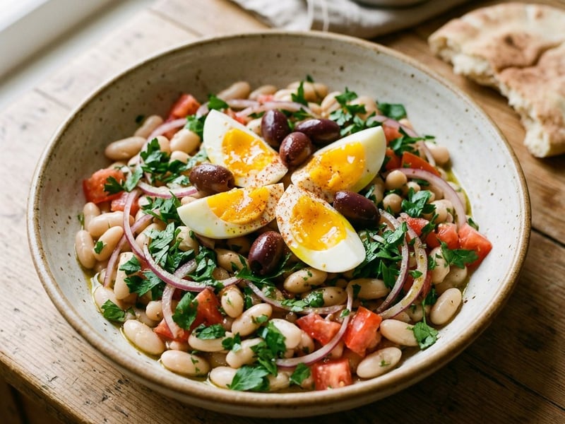 Mediterranean Piyaz Bean Salad with Egg & Kalamata Olives