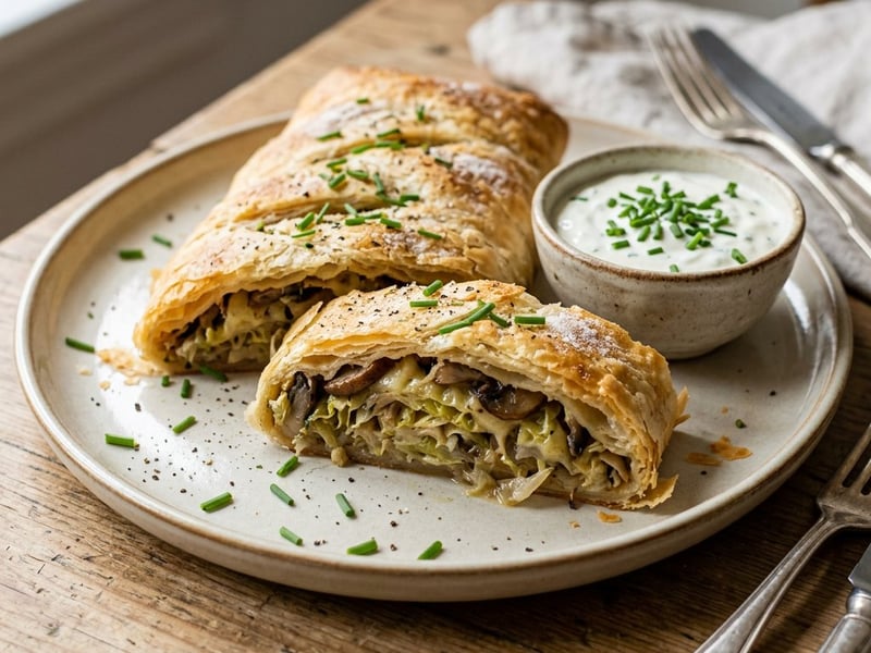 Vegetarian Savoy Cabbage and Mushroom Strudel | Crispy with Herb Dip