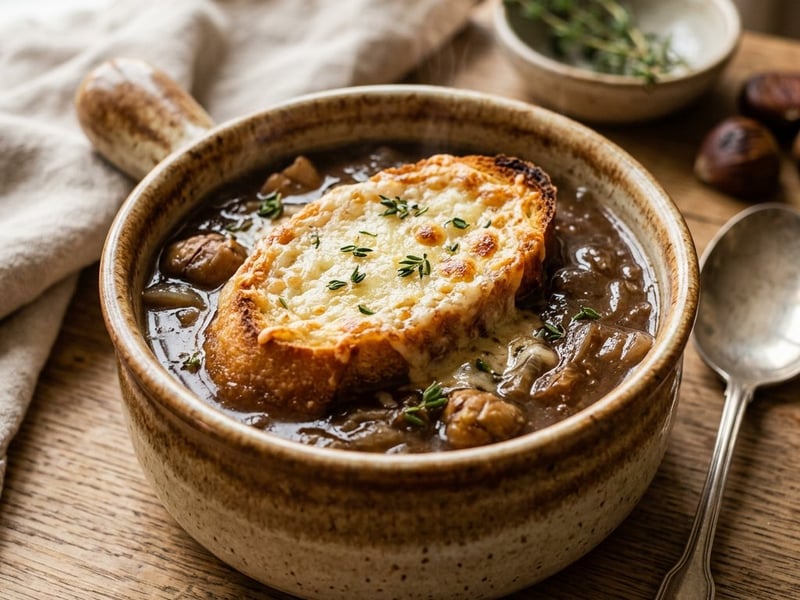 Französische Zwiebel-Maroni-Suppe | Herzhaft gratiniert
