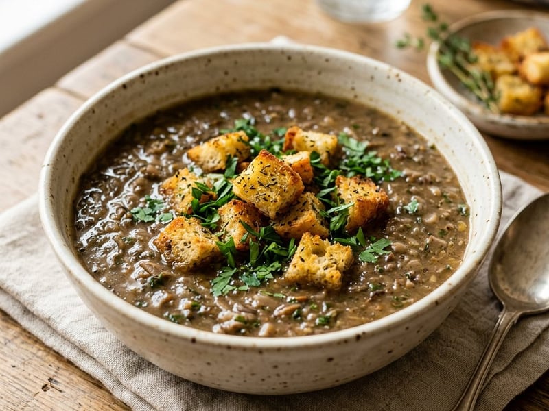 Französische Duxelles-Pilzsuppe mit Thymian-Baguette-Croûtons