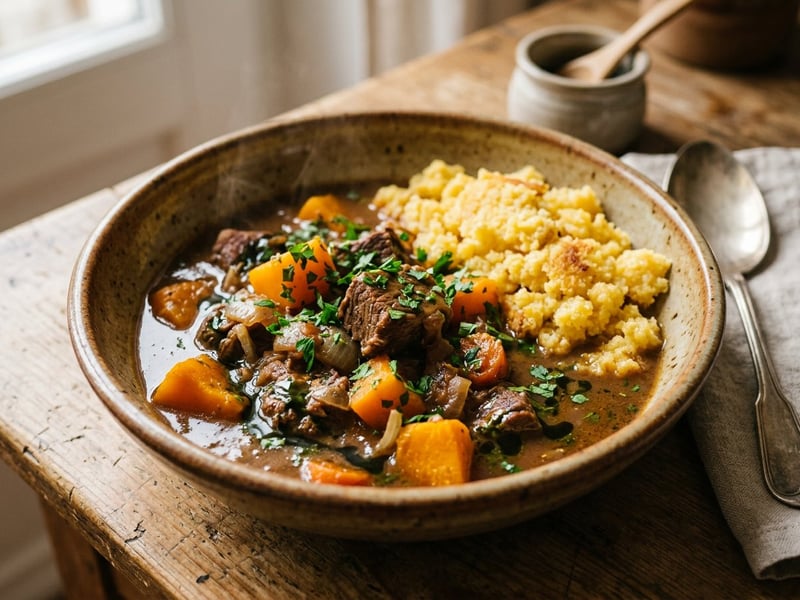 Styrian Beef and Pumpkin Stew on Buttery Sterz | Hearty & Warming