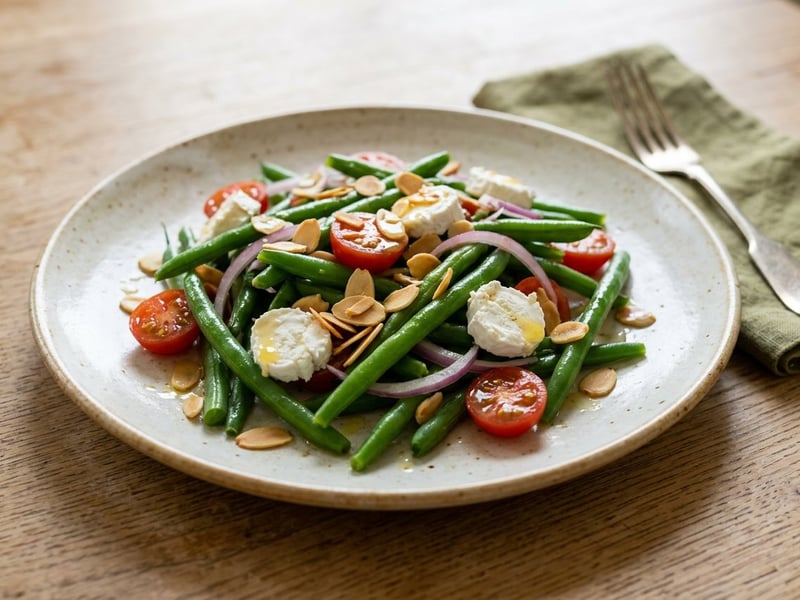 Mediterraner Fisolensalat mit gerösteten Mandeln & Ziegenkäse