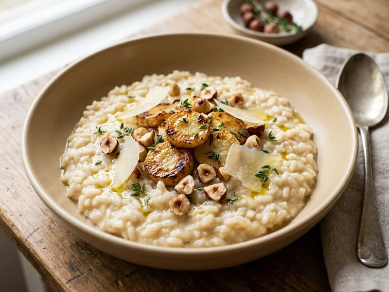 Cremiges Peterwurzen-Risotto mit Haselnuss-Thymian-Crunch