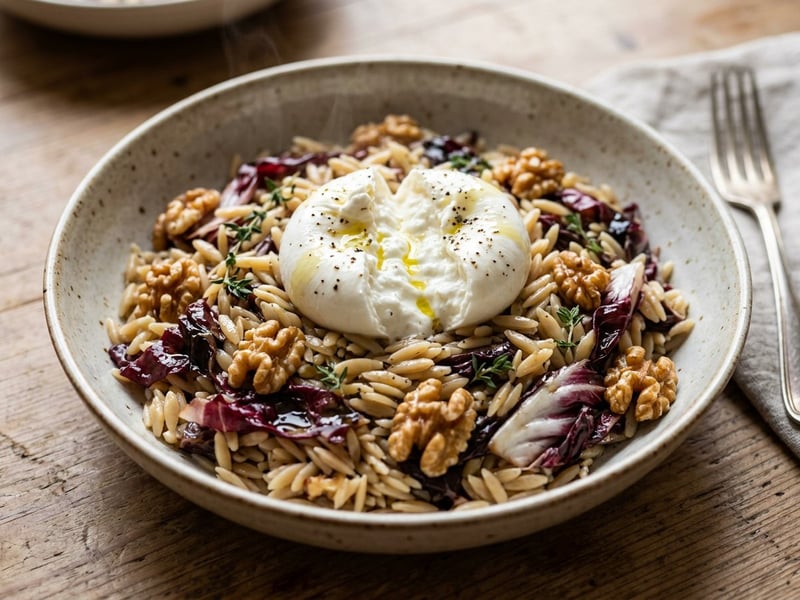 Lauwarmer Orzo-Herbstsalat | Mit karamellisiertem Radicchio & Burrata