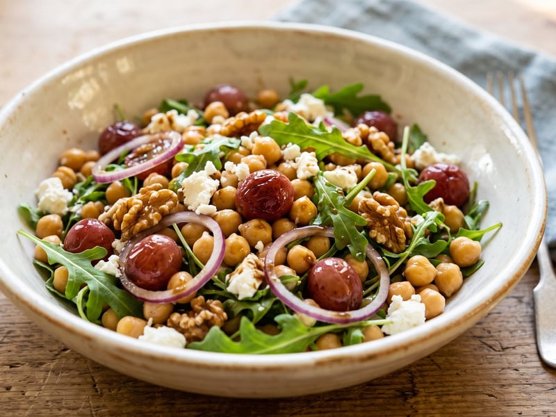 Mediterraner Kichererbsensalat mit Backrohr-Weintrauben & Feta