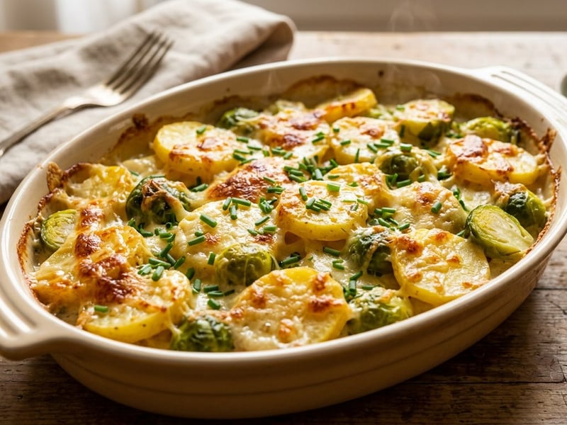 Erdäpfel-Kohlsprossen-Auflauf | Mit Bergkäse überbacken