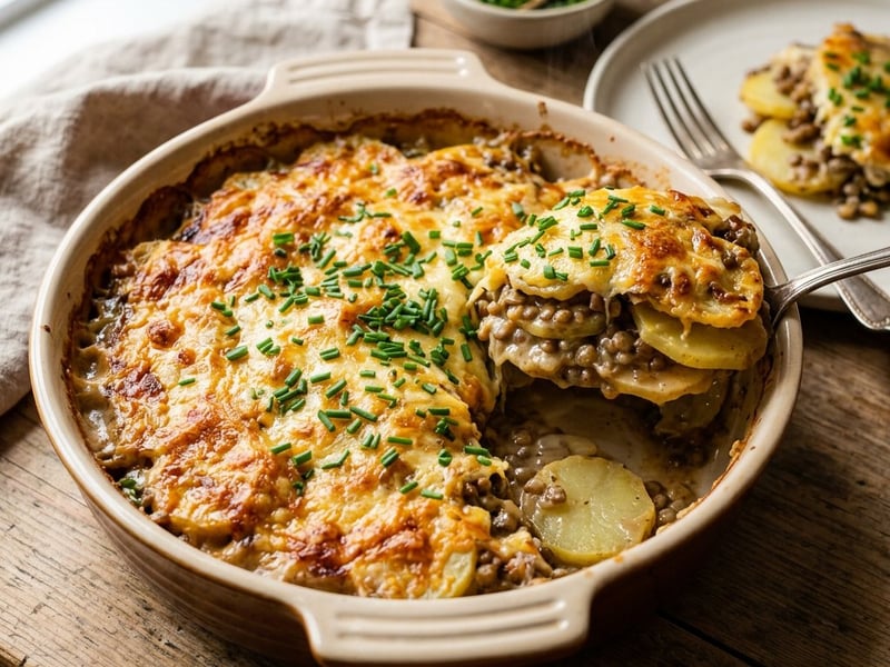 Potato and Lentil Casserole | Hearty with Mountain Cheese
