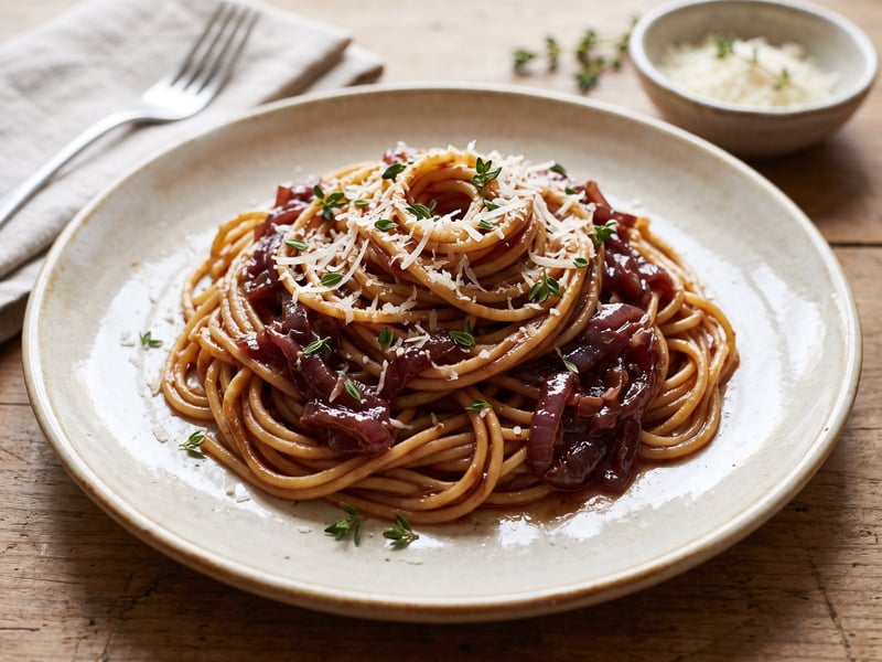 Spaghetti mit karamellisierten roten Zwiebeln & Pecorino | Herbstlicher Pasta-Genuss