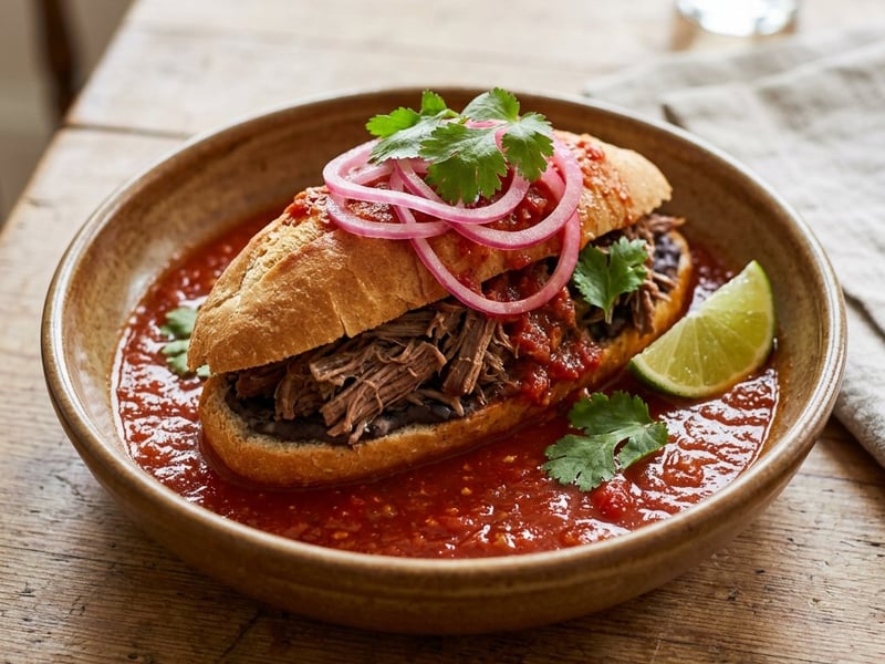 Mexikanische Torta Ahogada mit zartem Rindfleisch | Streetfood-Hit