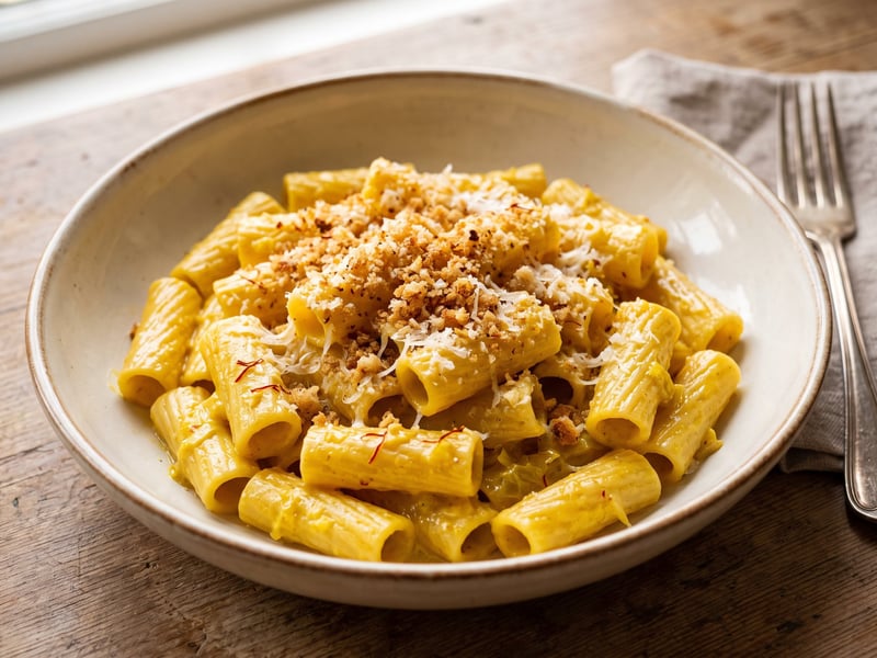 Rigatoni mit geschmortem Safran-Lauch & knusprigen Bröseln