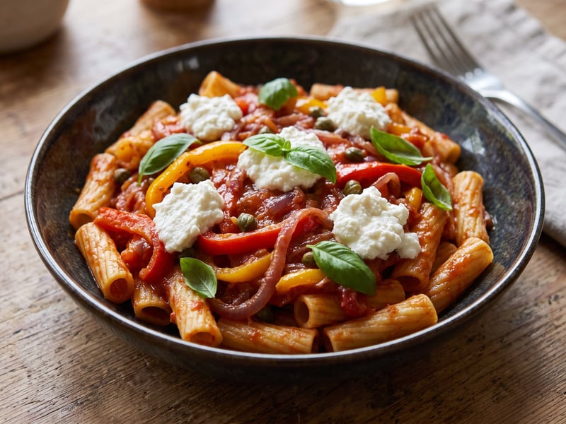 Rigatoni alla Peperonata | Farbenfrohe Pasta mit geschmortem Paprika & Ricotta