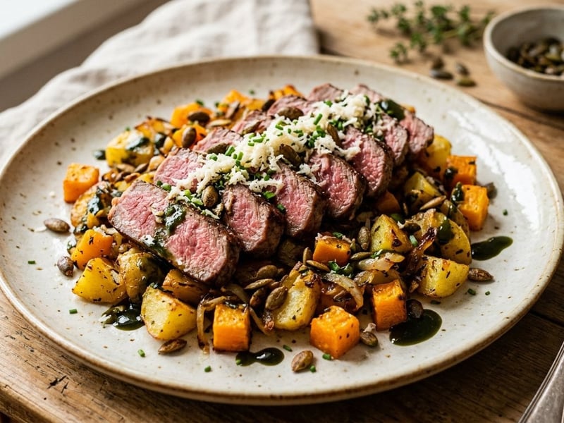 Styrian Striploin Steak on Pumpkin & Potato Gröstl | Tender Pink with Horseradish & Pumpkin Seed Oil
