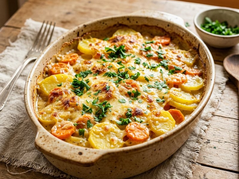 Erdäpfel-Karotten-Auflauf | Knusprig mit Bergkäse