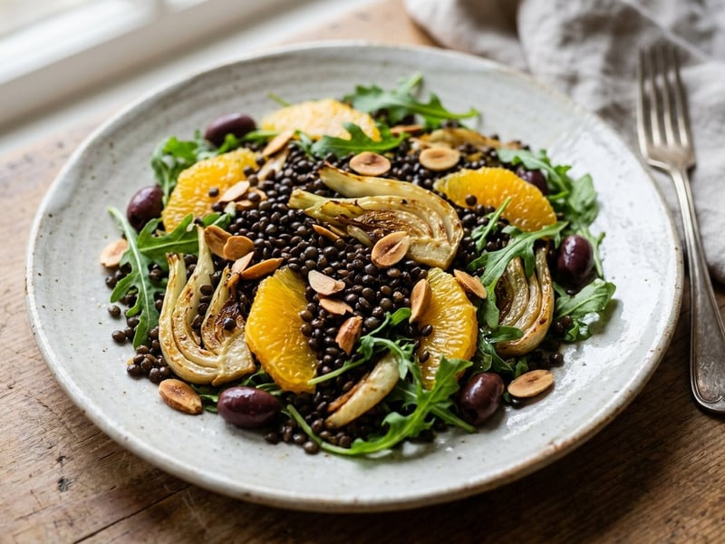 Lauwarmer Beluga-Linsensalat mit Backrohr-Fenchel & Orange