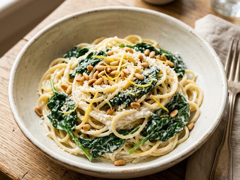 Cremige Spinat-Ricotta-Spaghetti mit gerösteten Pinienkernen