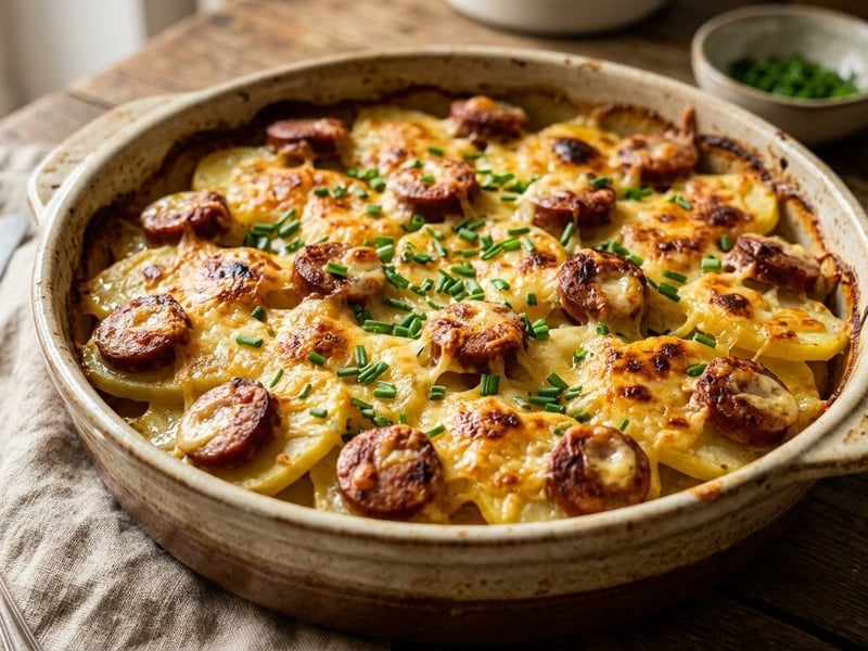 Herzhafter Käsekrainer-Erdäpfel-Auflauf | Knusprig überbacken mit Bergkäse