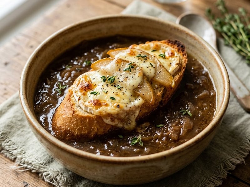 Französische Zwiebelsuppe mit Birne & Ziegenkäse-Croûtons