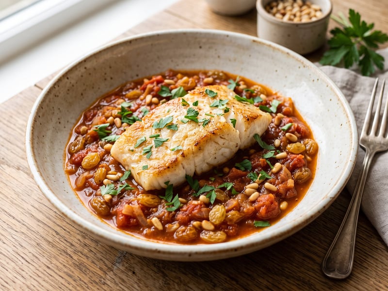 Bacalao a la catalana | Tender cod with raisins & pine nuts