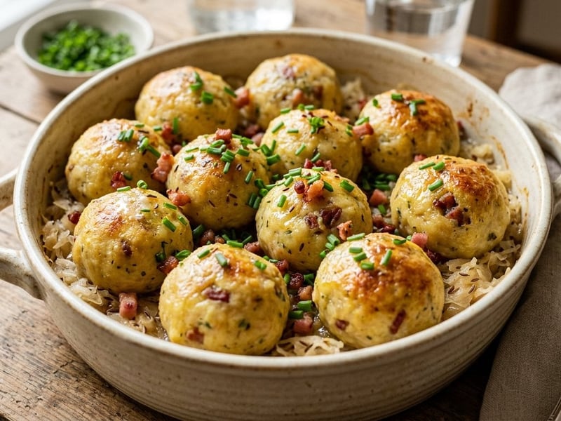 Überbackene Waldviertler Speckknödel | Knusprig auf Sauerkraut