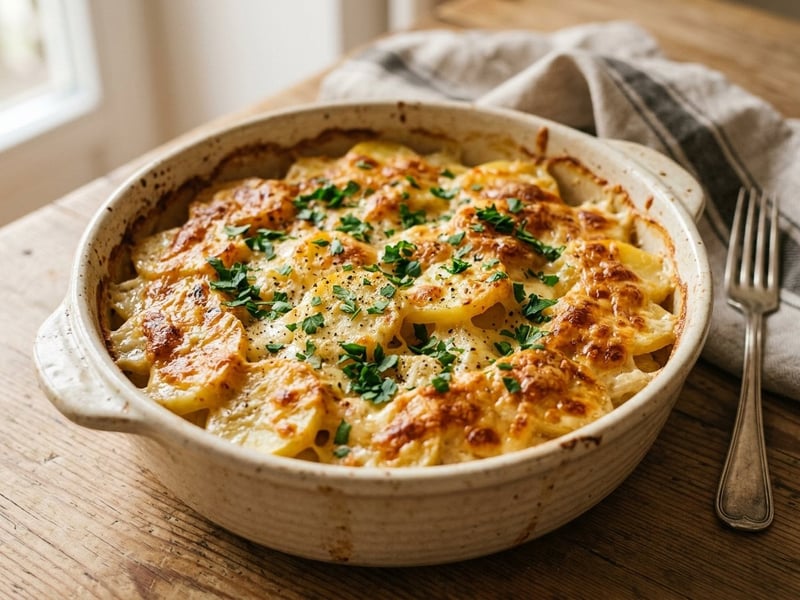 Waldviertler Erdäpfel-Peterwurzen-Auflauf | Mit würzigem Bergkäse überbacken