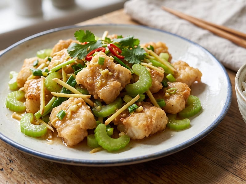 Knuspriger Wok-Kabeljau mit Ingwer und Staudensellerie