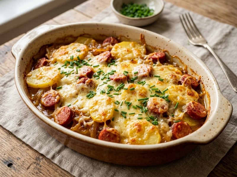 Pikanter Erdäpfel-Debreziner-Auflauf | Würzig überbacken mit Bergkäse