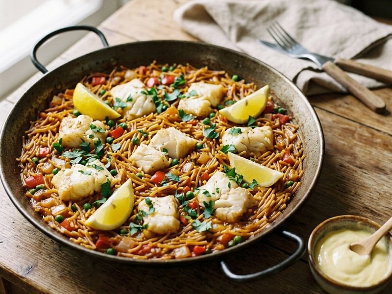 Spanische Fideuà de Pescado | Knusprige Fisch-Nudelpfanne