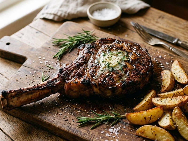 DRY AGED Tomahawk Steak mit Kräuterbutter & Rosmarin-Erdäpfeln