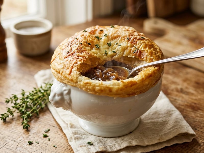 Französische Zwiebelsuppe en Croûte | Unter der Blätterteighaube