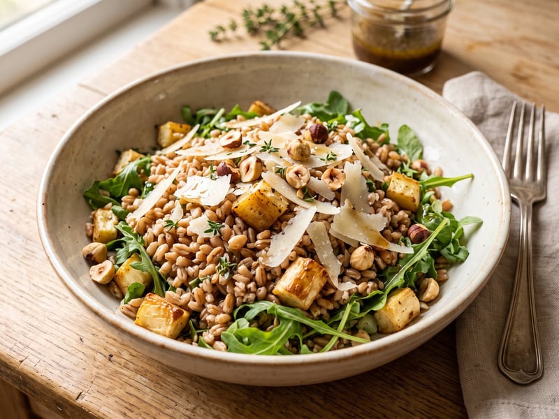 Toskanischer Farro-Salat mit Backrohr-Peterwurzen & Pecorino