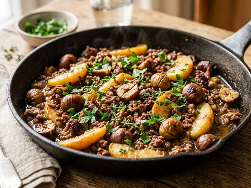 Herbstliche Maroni-Faschierte-Pfanne | Deftig mit Apfel & Thymian