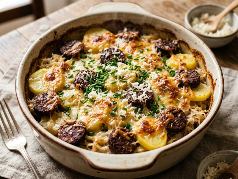 Traditional Viennese Blood Sausage & Potato Casserole | Hearty baked with mountain cheese