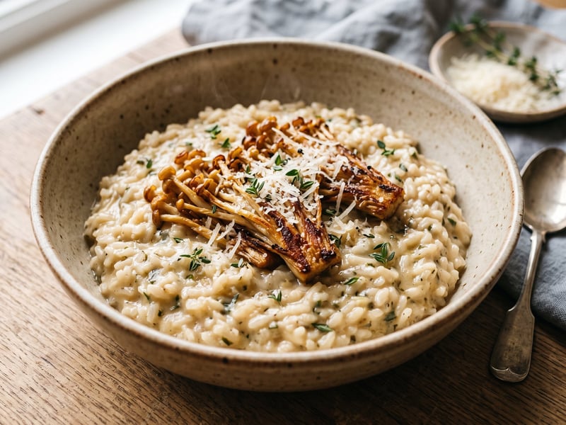 Cremiges Enoki-Risotto mit Thymian & Parmesan | Feines Pilzrisotto