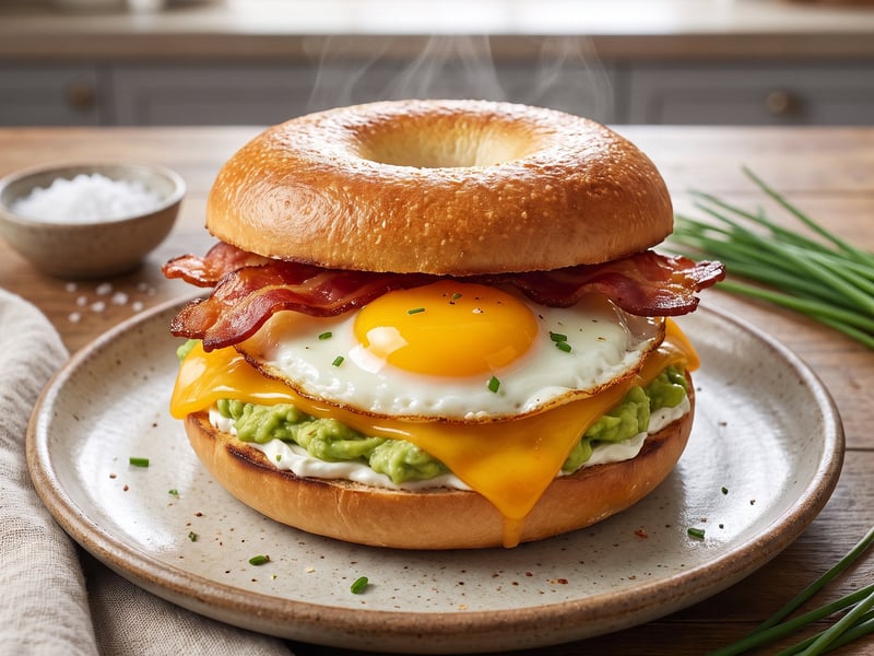 American Breakfast Bagel with Egg and Bacon